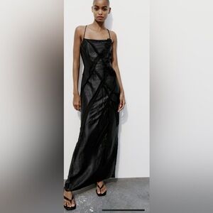 Zara Black Satin Slip Maxi Dress with Lace Trim
